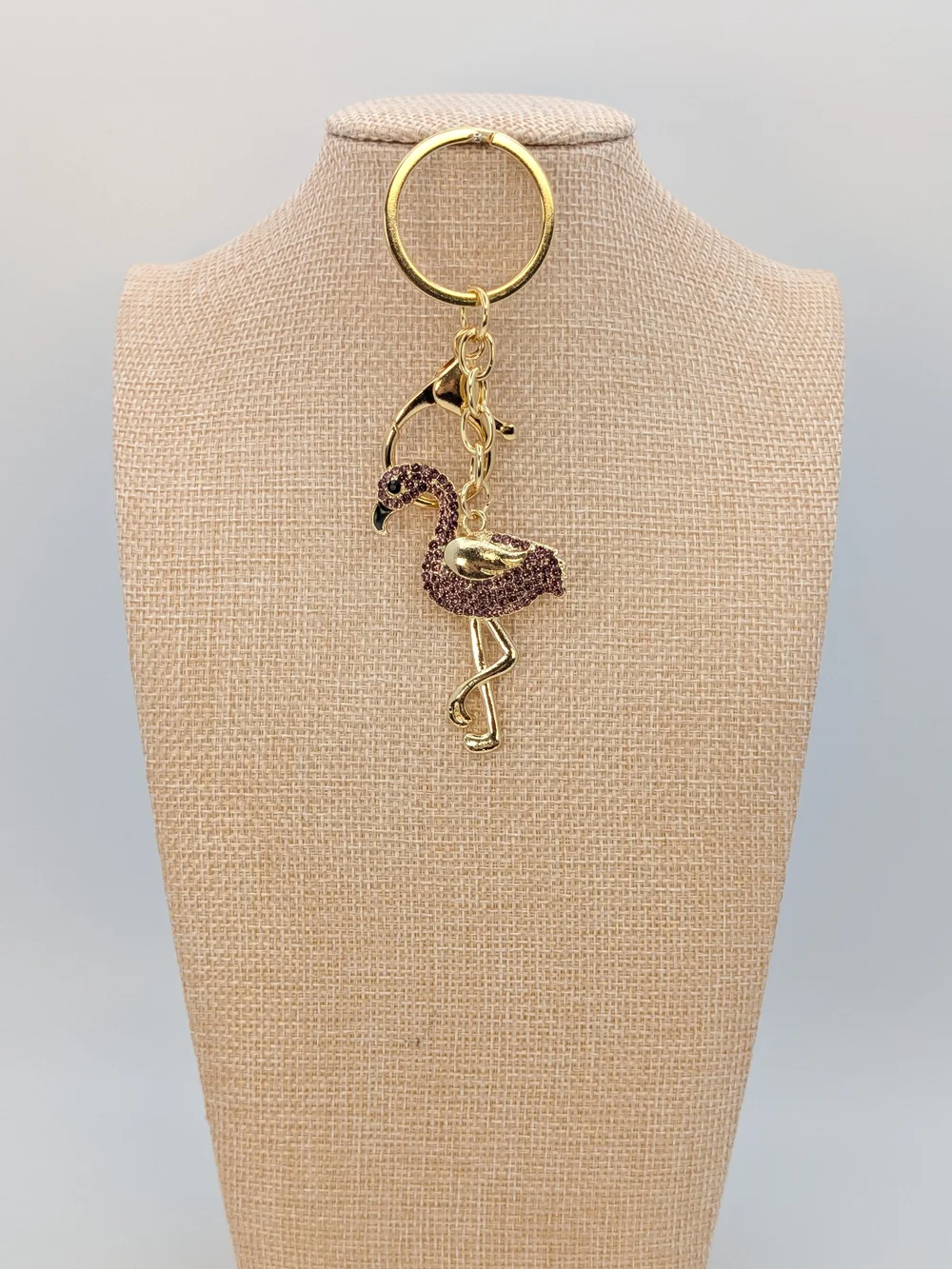 Purple Rhinestone Gold Tone Flamingo Keychain Bag Charm
